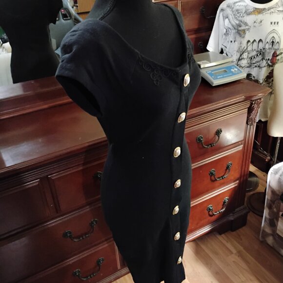 Black Mini Dress with Pearl & Gold Buttons - Picture 2 of 7